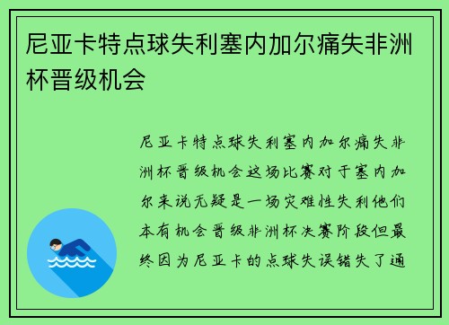 尼亚卡特点球失利塞内加尔痛失非洲杯晋级机会
